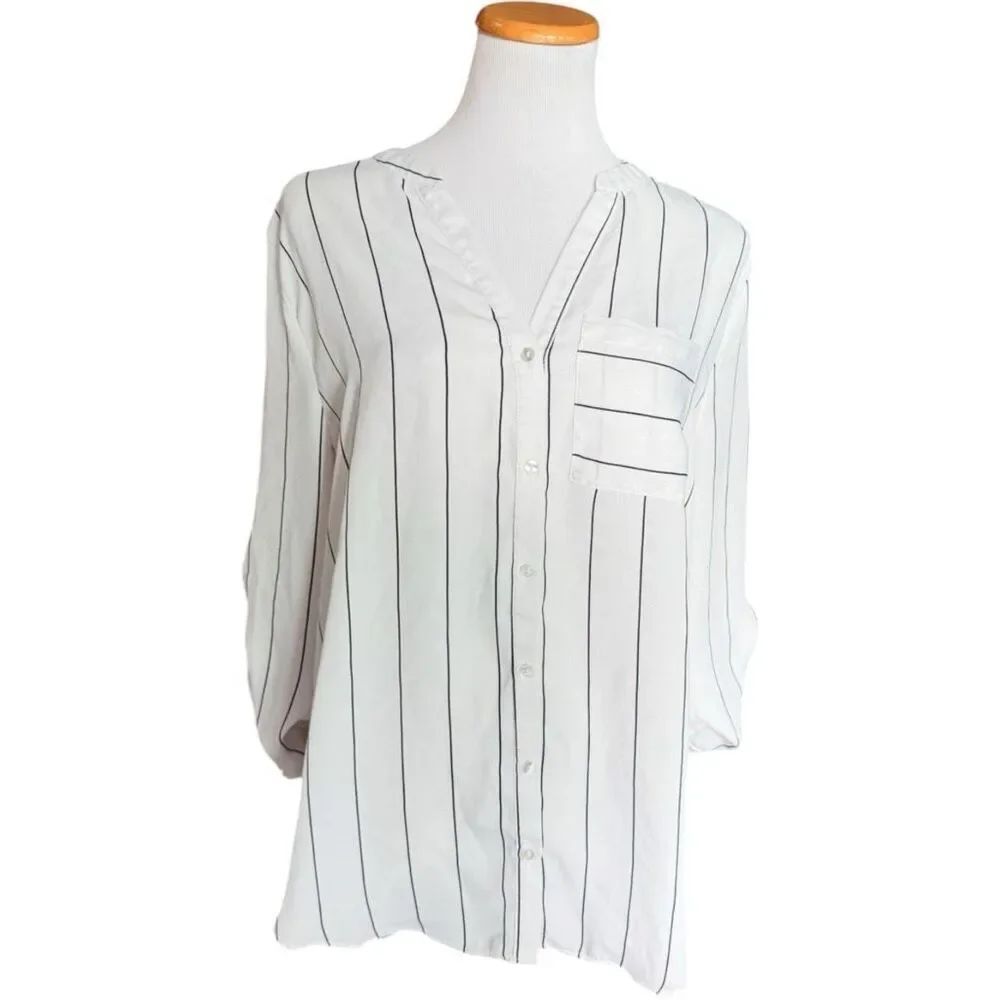 Womens Simply Emma Pinstriped 3/4 Sleeve Pinstripe Button Down Shirt - Sz 1X